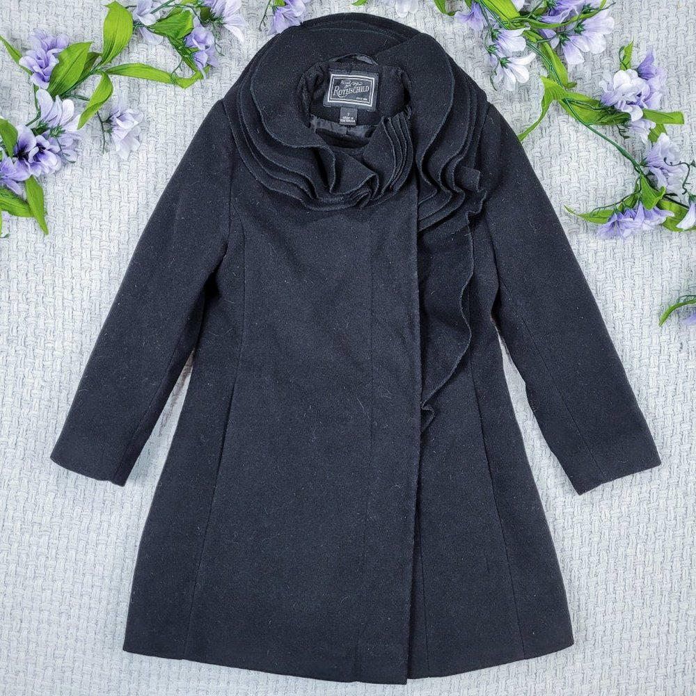 Vintage Tailored by Rothschild Black Felt Winter Dress Coat Ruffle Neck Size 7